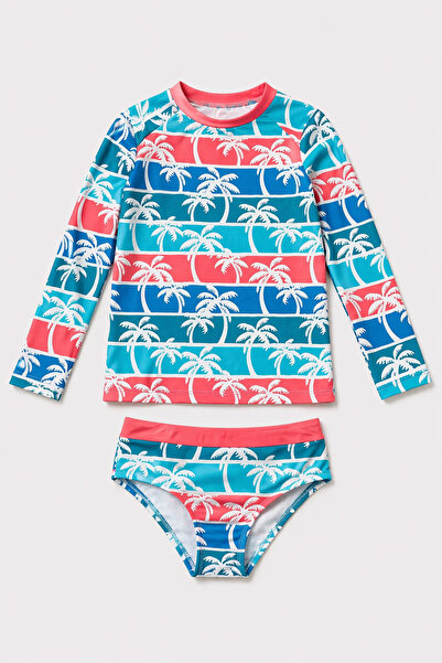 Starinci Mayo Girl's Turquoise Palm Tree Patterned Long Sleeve Swimsuit Set