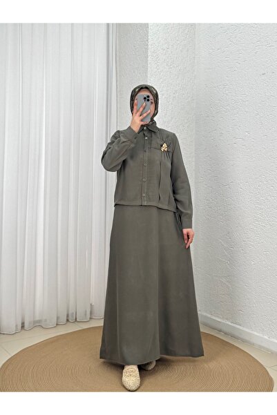 MİHRA STORE Φόρεμα διπλό με πουκάμισο με κουμπώματα Aycan-MF1802.1 Χακί