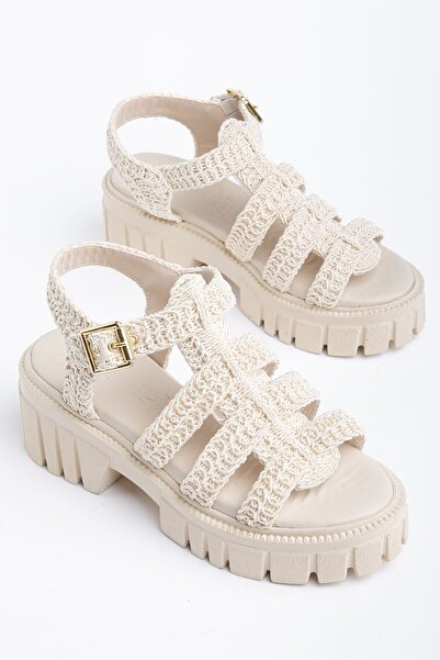 Saadet Kaya Butik Women's Beige Knitwear Knitted Detailed High-Sole Sandals