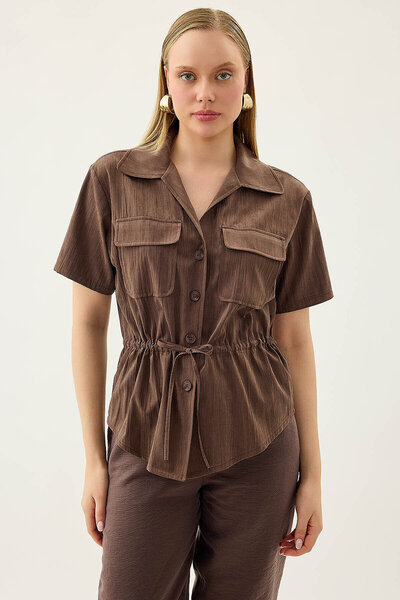 Vitrin Short Sleeve Blouse with Cap Pocket and Gathered Front