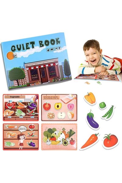 Leski Carte educativă cu autocolante reutilizabile, Leski, Carte senzorială interactivă cu pagini interactive, Joc Montessori, Seria  "Fructe și Legume ", 3 ani, Multicolor