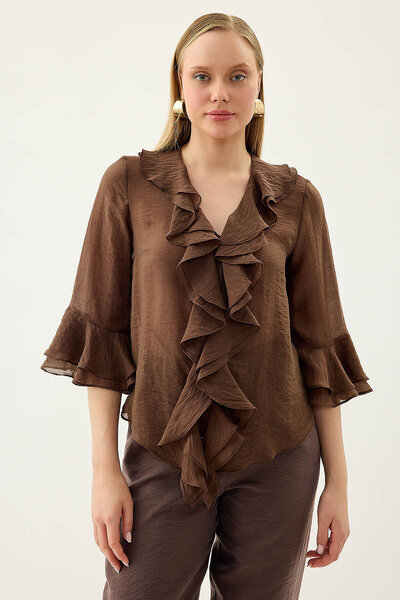 Vitrin Buttoned Front Ruffled Blouse