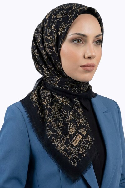 hadiora Women's Black and Tan Floral Patterned Cotton Flared Scarf