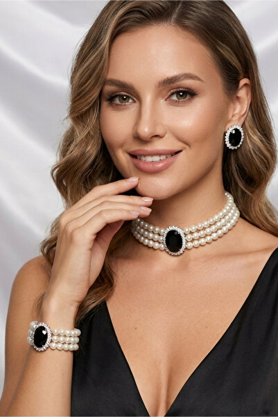 Happyline Cam İncili siyah oval taşlı gümüş kaplama inci choker kolye tasarım...