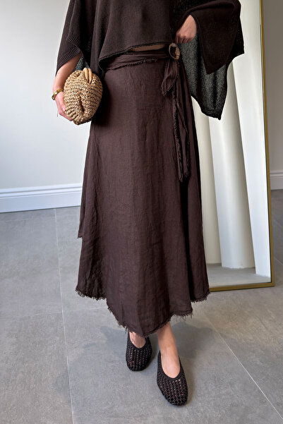 MAGARDE Ειδική Εισαγόμενη Σειρά Φούστα με Ελαστική Μέση 100% Λινό - ΚΑΦΕ