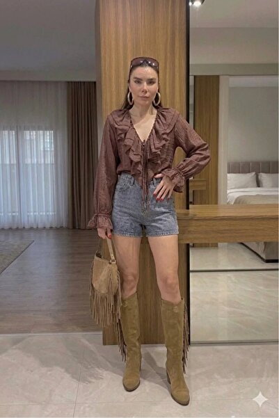 MODA Kadın V Yaka Fırfır Detaylı Gömlek