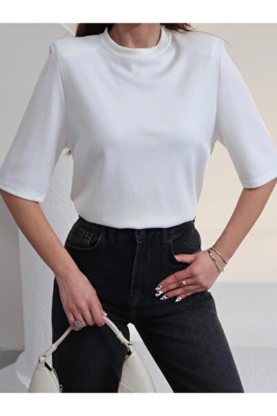 Vooz Tricou supradimensionat căptușit alb pentru femei, bluză de bază cu croi...