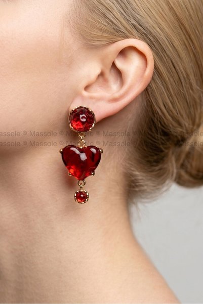 MASSOLE Red Heart Stone Dangle Earrings – Gold Color Detail, Shiny and Stylish Design, Romantic Women's Accessory for Special Occasions and Events, Jewelry Store Model