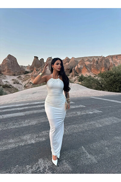 kırmızı butiks Λευκό φόρεμα με αξεσουάρ Halter γιακά