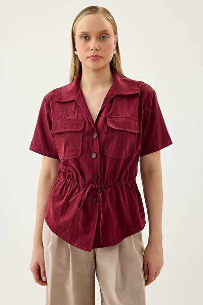 Vitrin Short Sleeve Blouse with Cap Pocket and Gathered Front