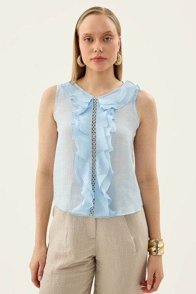 Vitrin Zero Sleeve Blouse with Ruffle and Guipure Detail