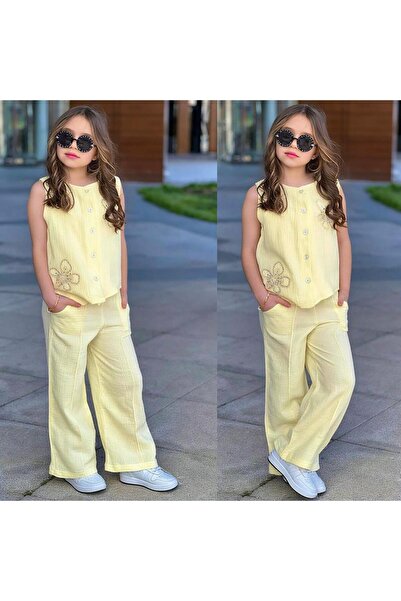 Bambam Κοριτσίστικο Κίτρινο Σετ Παντελονιού Μουσελίνας – Κομψό Καλοκαιρινό Συ...