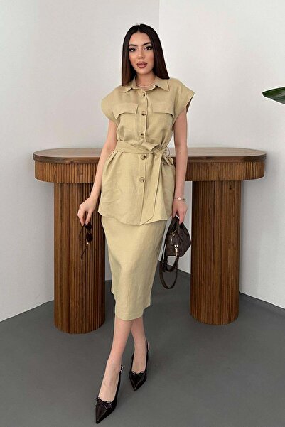 Caddebostan Moda Linen Look Pocketed Shirt and Skirt Two-Piece Set