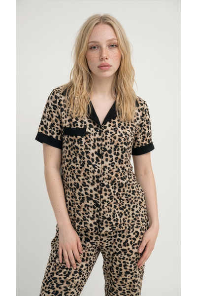 Arzey Leopard Patterned Woven Short Sleeve Button Front Pajama Set