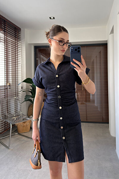 MAGARDE Φόρεμα Premium με Λεπτομέρεια από Πιλέτο Ύφασμα στη Μέση - ΣΚΟΥΡΟ ΜΠΛΕ