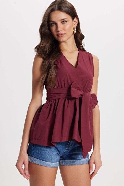 Tudors Γυναικεία μπλούζα με διπλό στήθος, λεπτομέρεια με δέσιμο στο λαιμό, ελ...