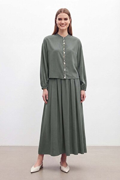 Puane Γυναικείο Σετ Μπλούζα με Πέτρινα Κουμπιά και Μακριά Φούστα DUMAN 14434