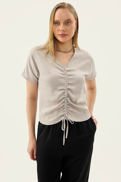 Vitrin Short Sleeve Satin Blouse with Gathered Front