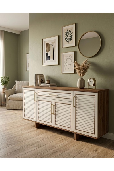 Lisso Home Vena Konsol Dolap Çıtalı Beyaz-Ceviz 180x40