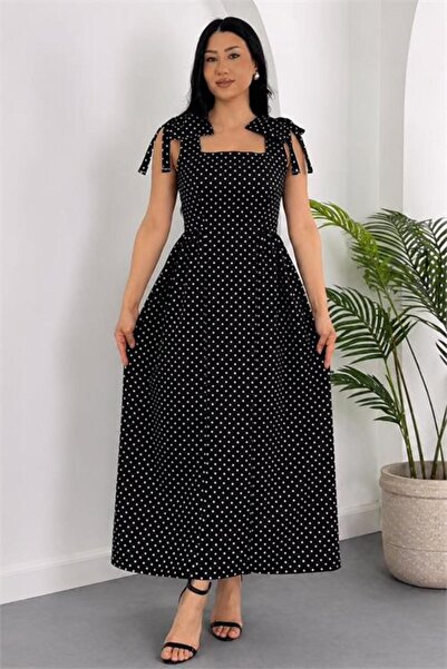 Neşeli Butik Γυναικείο μαύρο φόρεμα μίντι με φιόγκο στους ώμους, τετράγωνο λα...