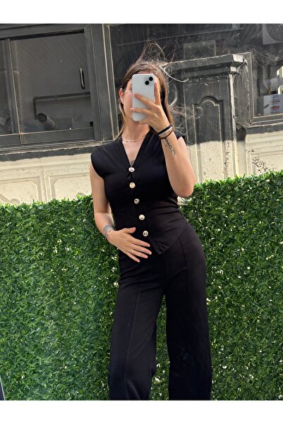 ELA Ön Gold Düğmeli Modal Kumaş Yelekli ZR Model Takım