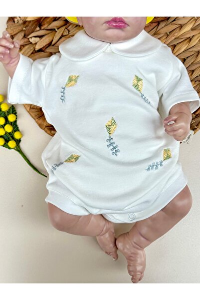 Mama Miel Baby بدلة أطفال قصيرة الأكمام مطرزة بتصميم طائرة ورقية مع أزرار كبس