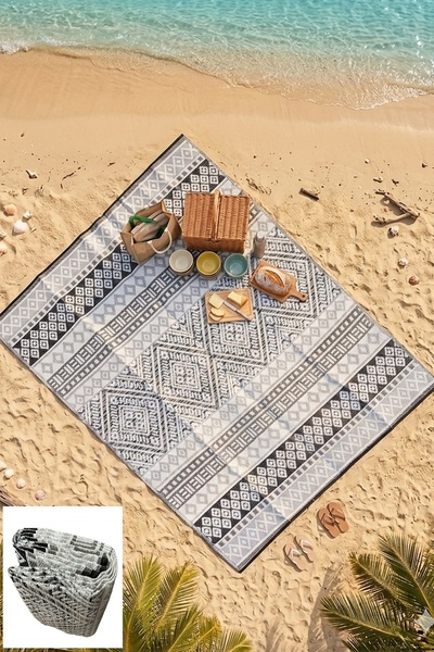 XL 10 - 12 Person Plastic Wicker Carpet Foldable Double Sided Washable Beach Camping Picnic Caravan Rug Rug