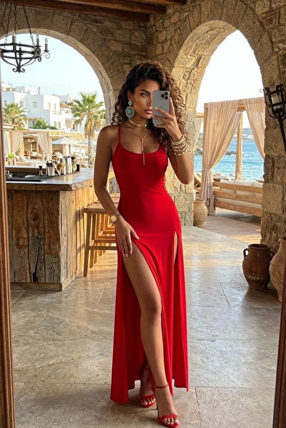 Love Fab Βασικό μακρύ φόρεμα με διπλό σκίσιμο και λεπτές τιράντες