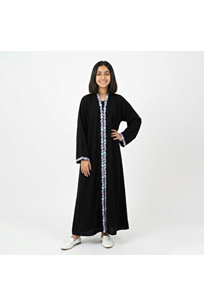 HAWRAA ABAYA Girls' Black Colored Wrap-Around Abaya with Rose Embellishments