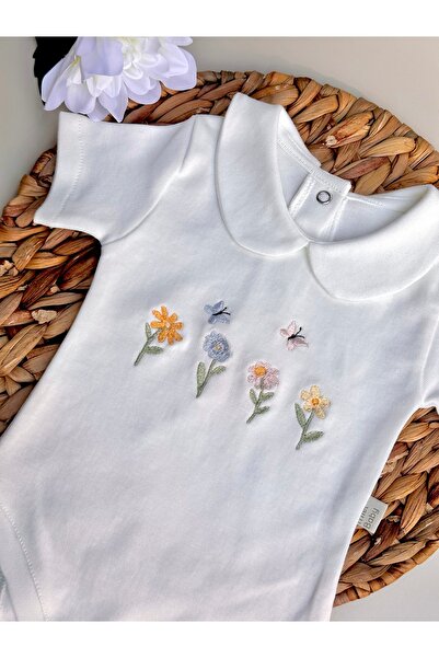Mama Miel Baby بدلة أطفال قصيرة الأكمام مطرزة بالزهور والفراشات مع أزرار كبس