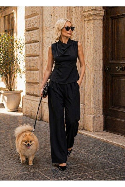 ibeeka Μαύρο Σετ Παντελόνι Παλάτσο Linda Noir με Ντραπέ Μπλούζα