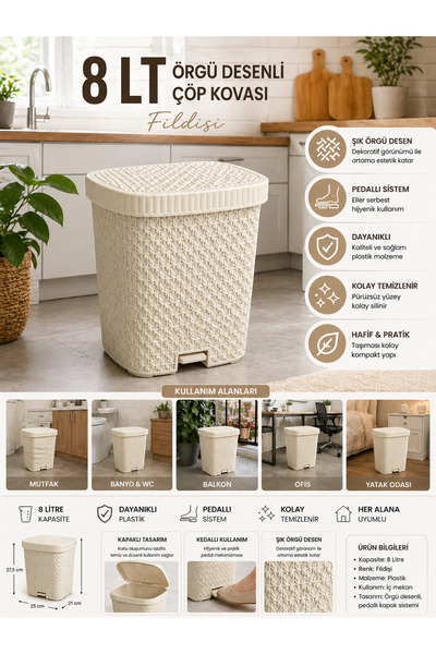 Rio 8 LT ÖRGÜ DESENLİ ÇÖP KOVASI (FİLDİŞİ RENGİ)