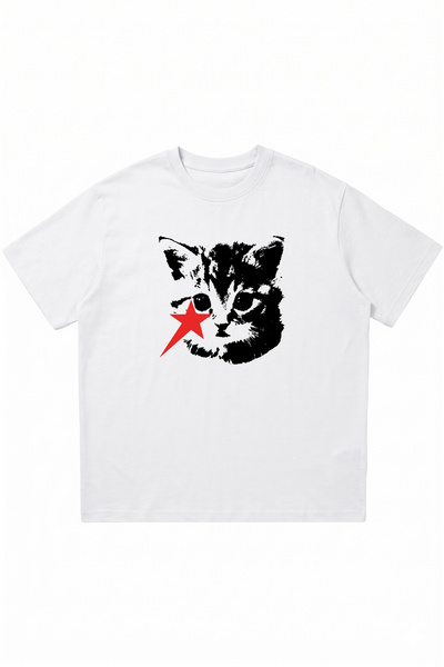 DASH WEAR Cat Printed White Oversize Crew Neck T-Shirt