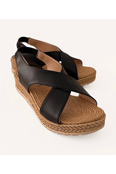 CCWAY AYAKKABI Ψάθινα σανδάλια με ελαστικές λωρίδες ΜΑΥΡΑ