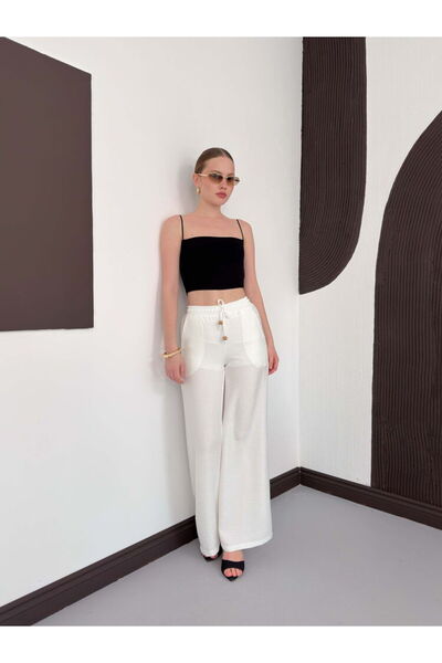 Caddebostan Moda Ψηλόμεσο λινό παντελόνι με ελαστική μέση και κορδόνια, με φα...