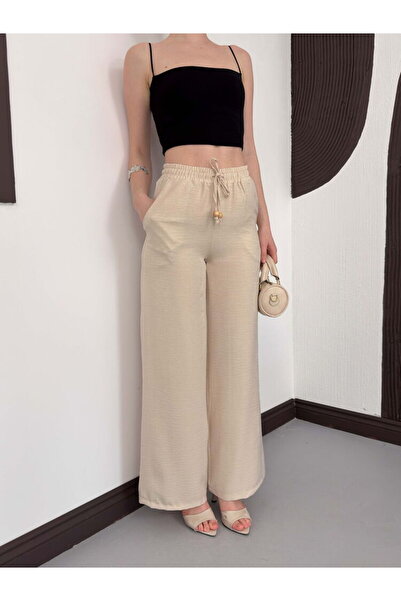 Caddebostan Moda Ψηλόμεσο λινό παντελόνι με ελαστική μέση και κορδόνια, με φα...