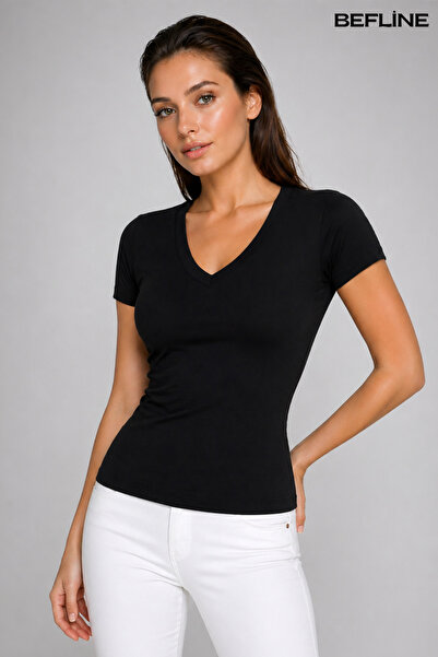 LAVİNİM Kadın V Yaka Pamuk Kumaş Basic Slim Fit Kesim Rahat Body Tişört