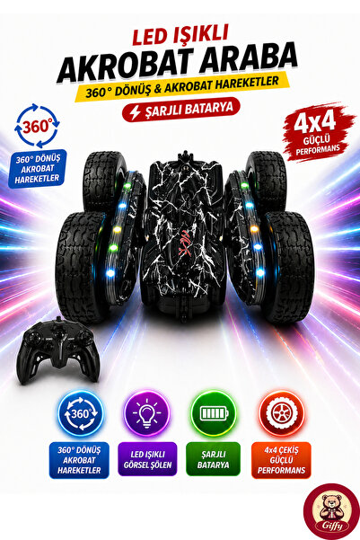 giffy Oyuncak LED Işıklı 360° Akrobat Uzaktan Kumandalı Araba Şarjlı 4x4 Off ...