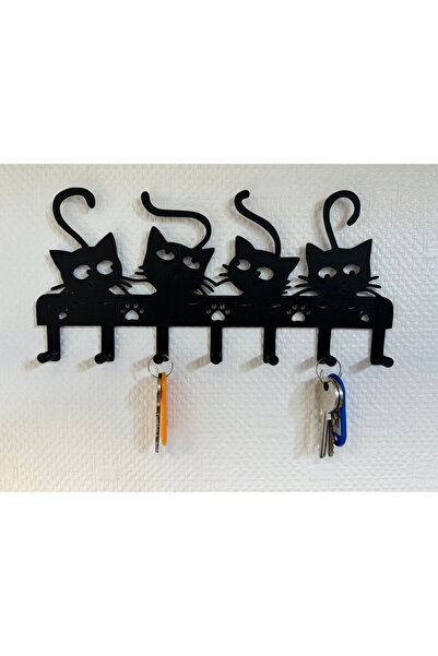 Dekoratif Kedi Anahtarlık Askılığı Duvar Askısı – 5’li Kanca Organizer | Modern Siyah Tasarım