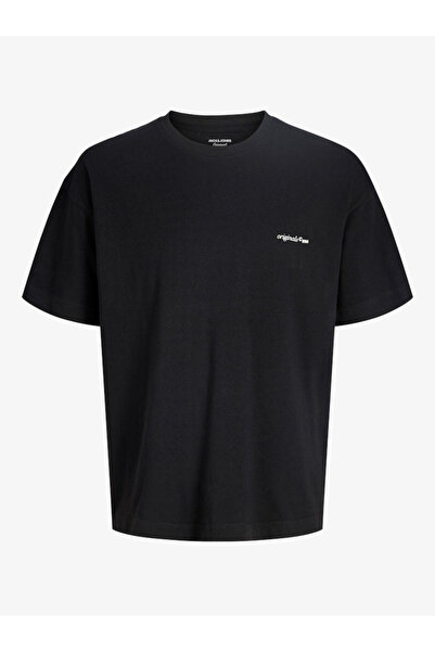 Jack & Jones تي شيرت رجالي أسود بطباعة جرافيك وياقة دائرية من القطن