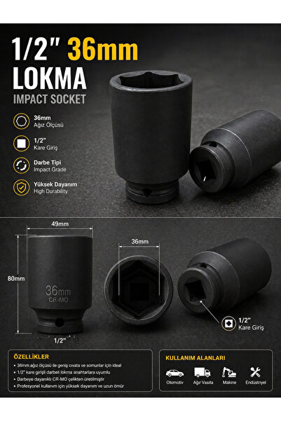 jehati 1/2 Uzun 36mm Lokma Siyah Profesyonel 1/2 Havalı