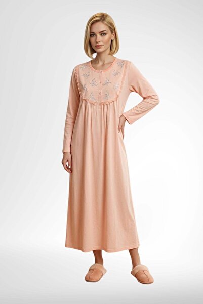 EM&FA TEKSTİL Women's 100% Cotton Long Sleeve Nightgown