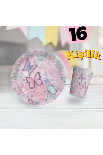 KullanAtParty 16 Kişilik Kelebek Temalı Tabak Bardak Seti - Butterfly Pink Do...