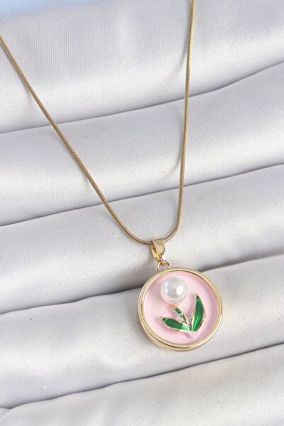 Skygo 316l steel gold color chain pink enamel pearl flower embroidered portra...