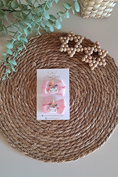 MasalBebek_tr Pembe Kurdaleli Unicorn Model Saçlı/Saçsız Bebek Tokası ı 2li Set