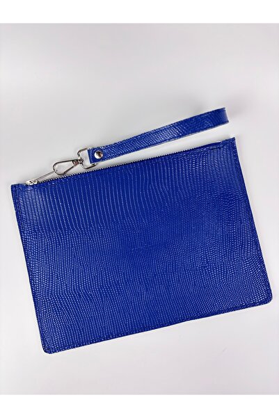 Hakiki Deri Clutch/Portföy Çanta Saks Mavisi Renk