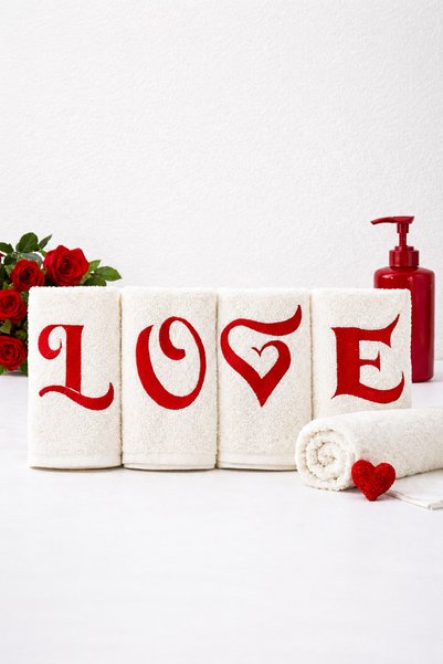 ASVİANA 4 Piece Embroidered Towel Set 30X50 cm |   Premium Cotton Soft Textured Hand Towel Set |   Love Patterned Stylish