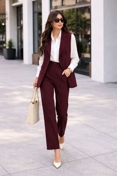 GAMZE ALPTEKİN Επώνυμο Σετ Παντελόνι και Γιλέκο με Επένδυση - Παντελόνι Καρότ...