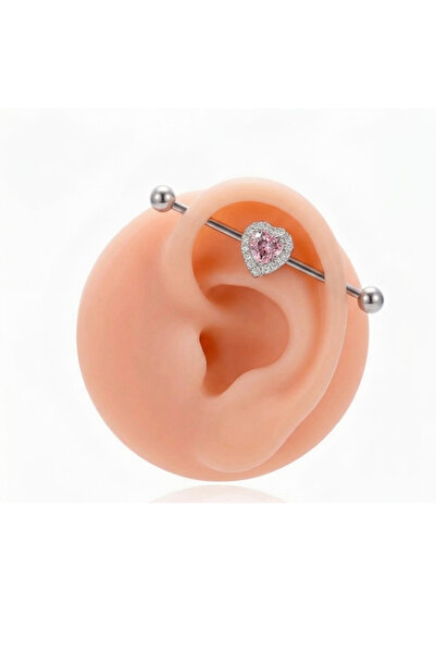 TakıLabirenti Industrial Barbell Piercing, Taşlı Kalp Detaylı Kıkırdak Küpe, ...