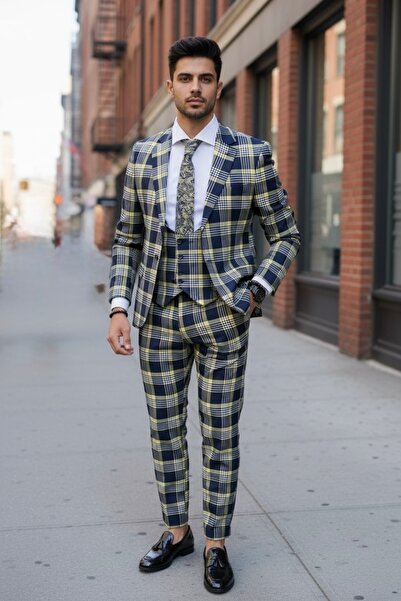 dehaine Ανδρικό κοστούμι, παντελόνι και γιλέκο, καφέ, ριγέ, B4225